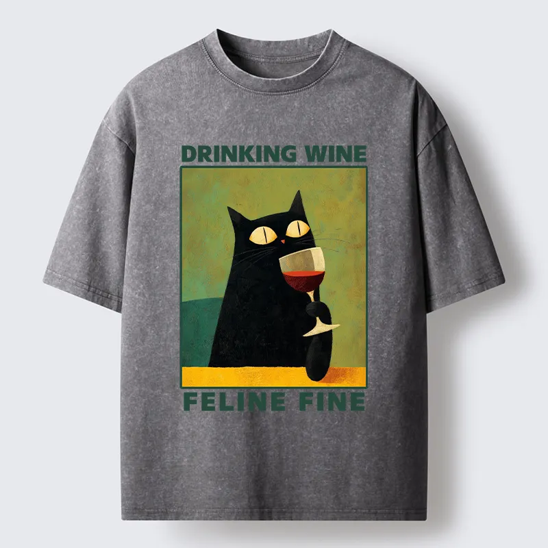 Tokyo-Tiger Drinking Wine Feline Wine Washed T-Shirt