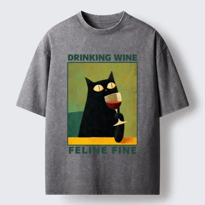 Tokyo-Tiger Drinking Wine Feline Wine Washed T-Shirt