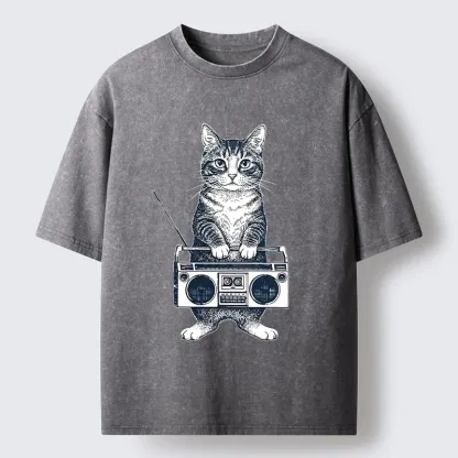 Tokyo-Tiger Cat Carried The Radio Washed T-Shirt