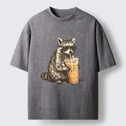 Tokyo-Tiger Raccoon Drinking Coffee FunnyWashed T-Shirt