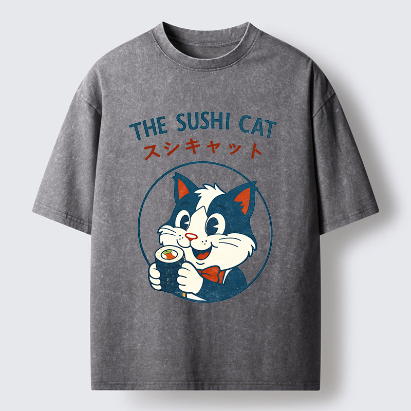 Tokyo-Tiger Cat Sushi Funny Washed T-Shirt