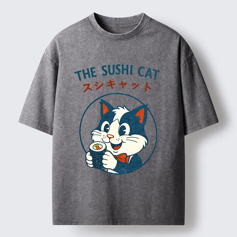 Tokyo-Tiger Cat Sushi Funny Washed T-Shirt