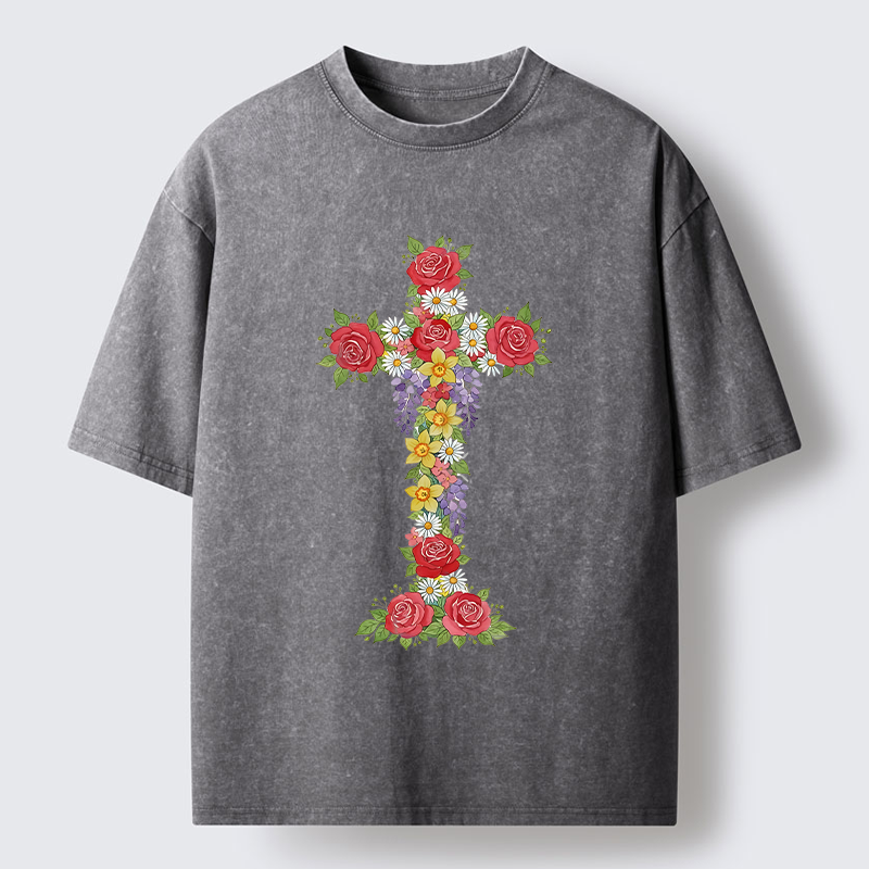 Tokyo-Tiger Flower Cross Washed T-Shirt
