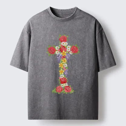 Tokyo-Tiger Flower Cross Washed T-Shirt