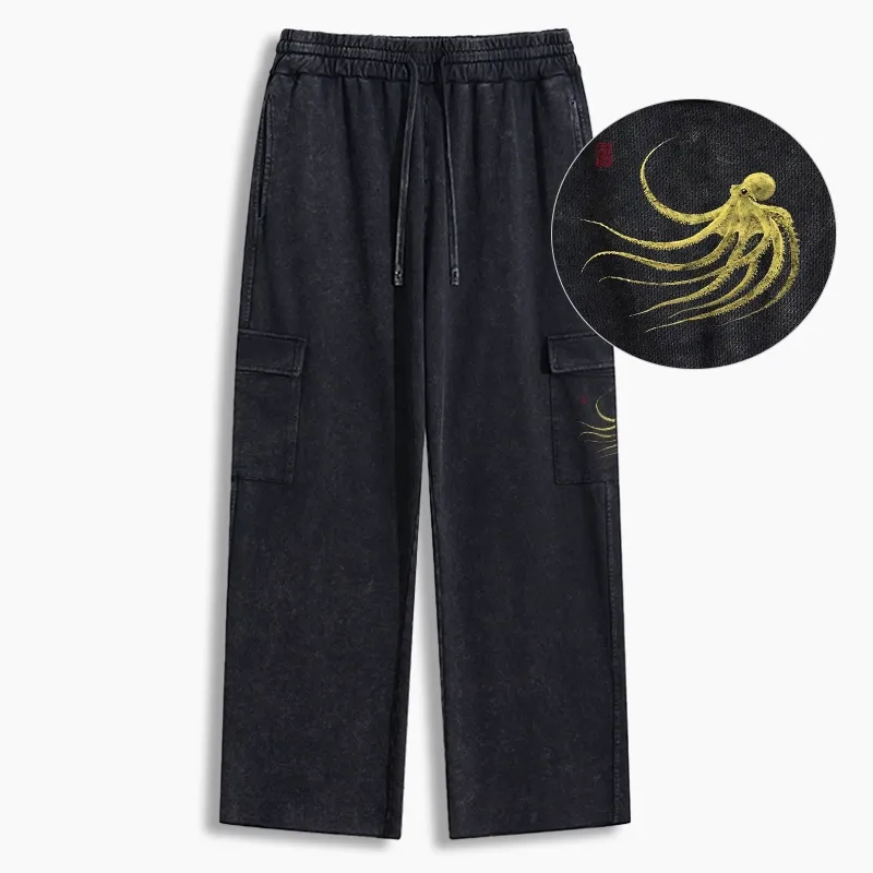 Tokyo-Tiger Retro Octopus Japanese Washed Utility Sweatpants