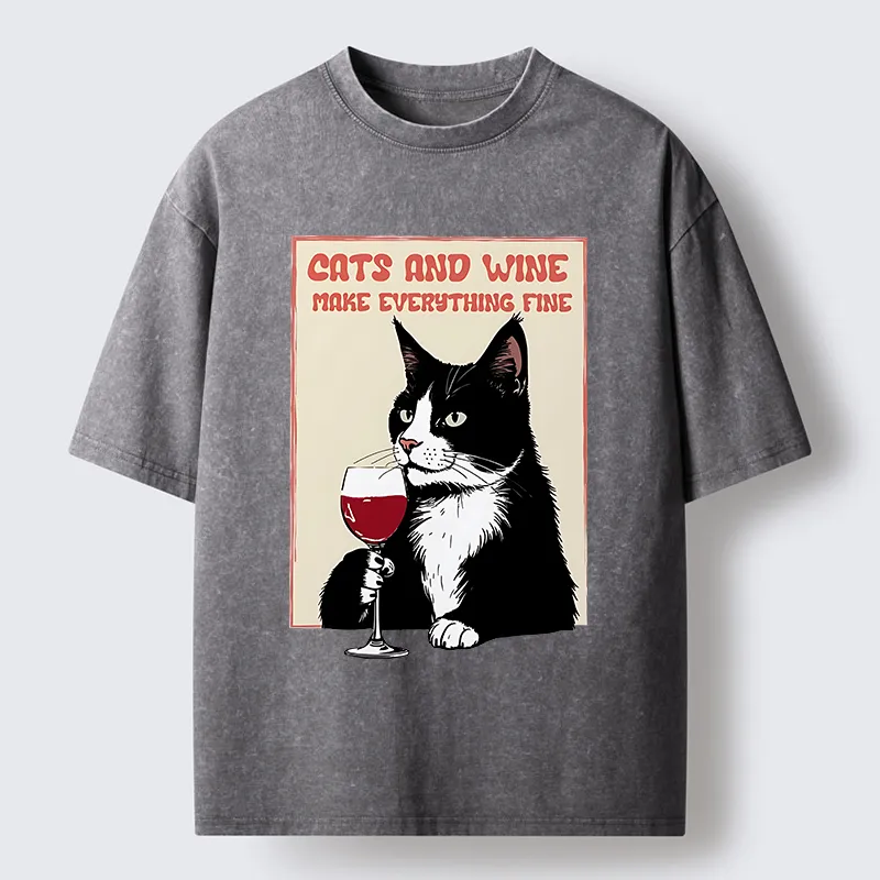 Tokyo-Tiger Tuxedo Cat Drinking Funny Washed T-Shirt