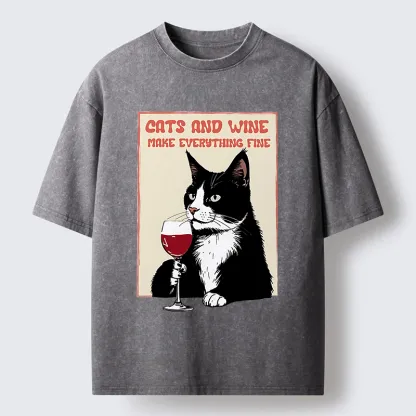 Tokyo-Tiger Tuxedo Cat Drinking Funny Washed T-Shirt