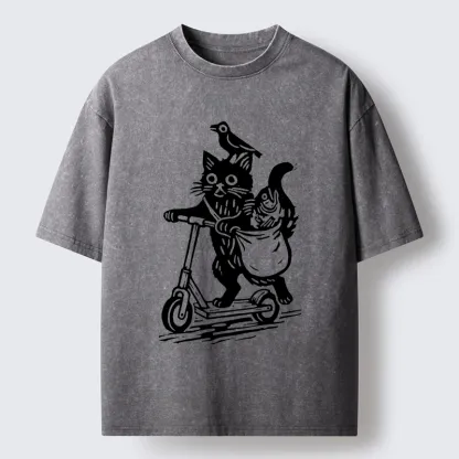 Tokyo-Tiger Cat Skateboarding Washed T-Shirt