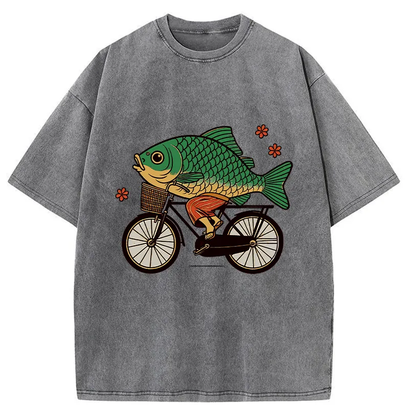 Tokyo-Tiger Funny Fish Riding A Bicycle Washed T-Shirt