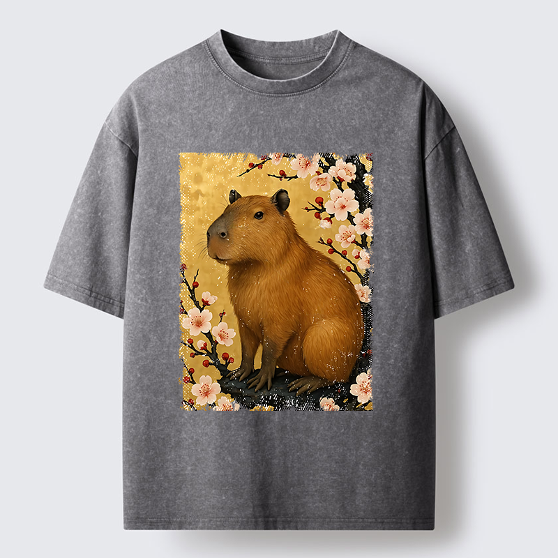 Tokyo-Tiger Capybara And Sakura Washed T-Shirt