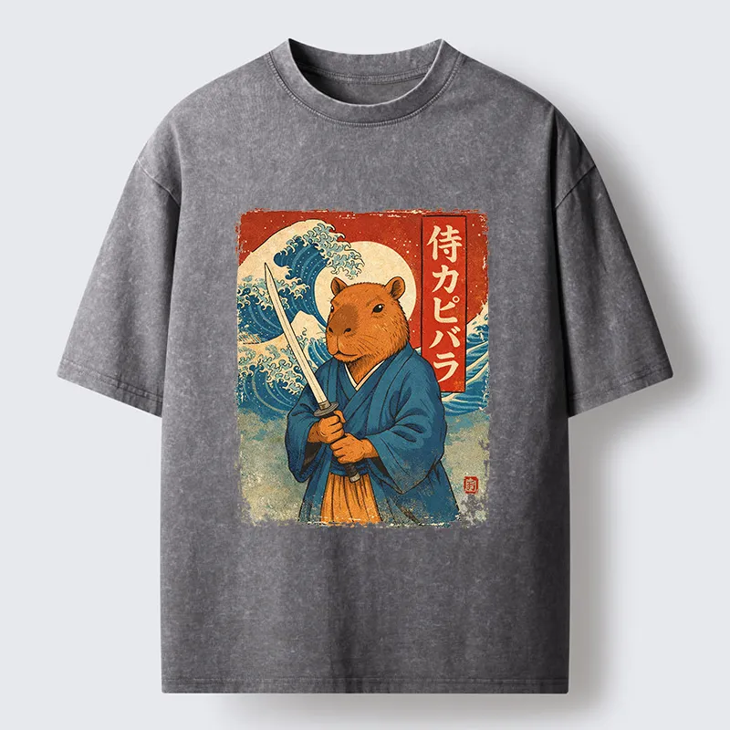Tokyo-Tiger Capybara Japanese Samurai And Wave Washed T-Shirt