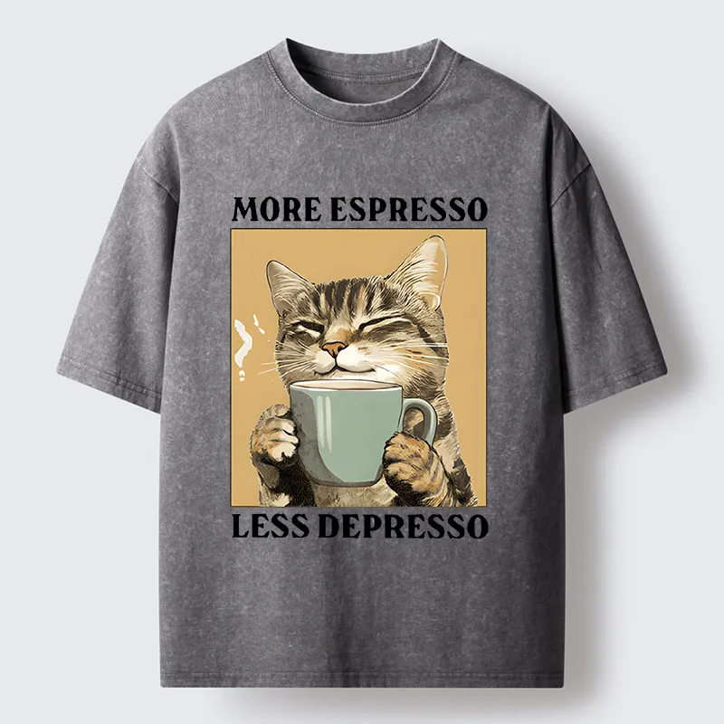 Tokyo-Tiger Cute Cat Drinking Coffee Washed T-Shirt