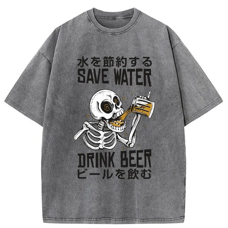 Tokyo-Tiger Save Water Drink Beer Washed T-Shirt