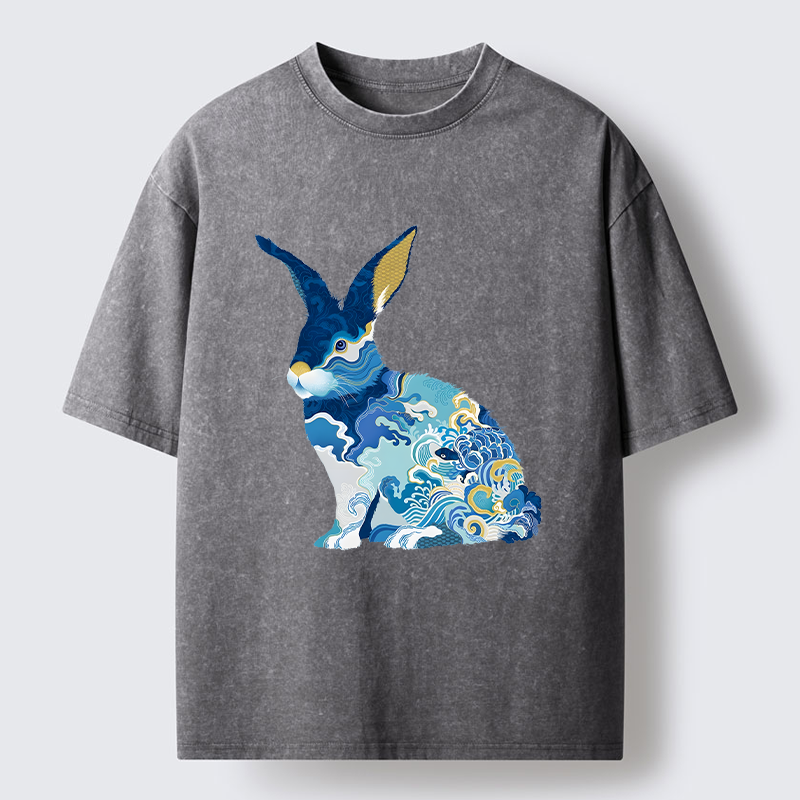 Tokyo-Tiger Japanese Traditional Patterned Rabbit Washed T-Shirt