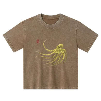 Tokyo-Tiger Retro Octopus Japanese Kids Washed T-Shirt