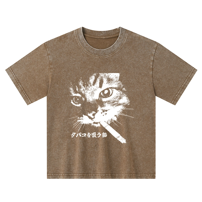 Tokyo-Tiger Retro Cat Smoking Kids Washed T-Shirt