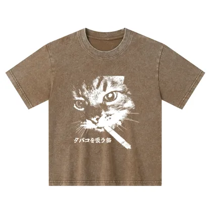 Tokyo-Tiger Retro Cat Smoking Kids Washed T-Shirt