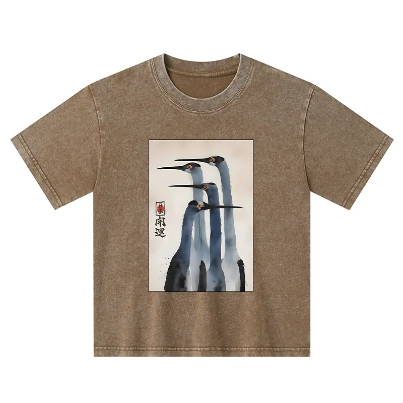Tokyo-Tiger Retro Sandhill Crane Kids Washed T-Shirt