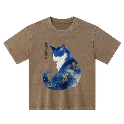 Tokyo-Tiger Retro Zen Cat: Living the Present Kids Washed T-Shirt