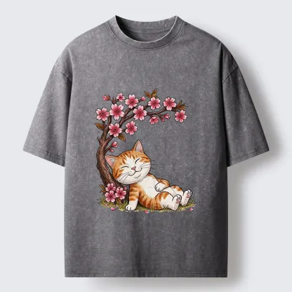 Tokyo-Tiger Cat Sleeps Under Sakura Washed T-Shirt