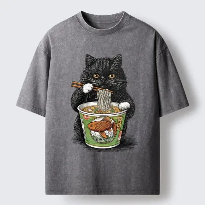 Tokyo-Tiger Black Cat Eating Japanese Food Washed T-Shirt