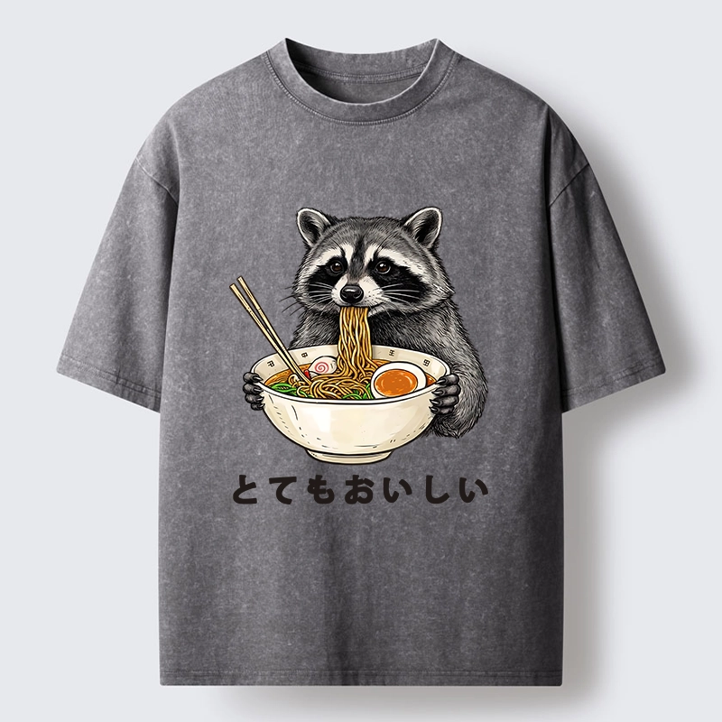 Tokyo-Tiger Raccoon Eating A Big Bowl Of Ramen Washed T-Shirt