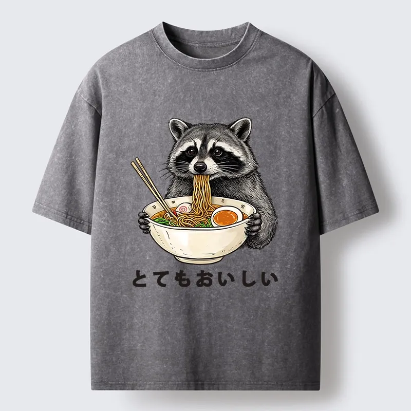Tokyo-Tiger Raccoon Eating A Big Bowl Of Ramen Washed T-Shirt