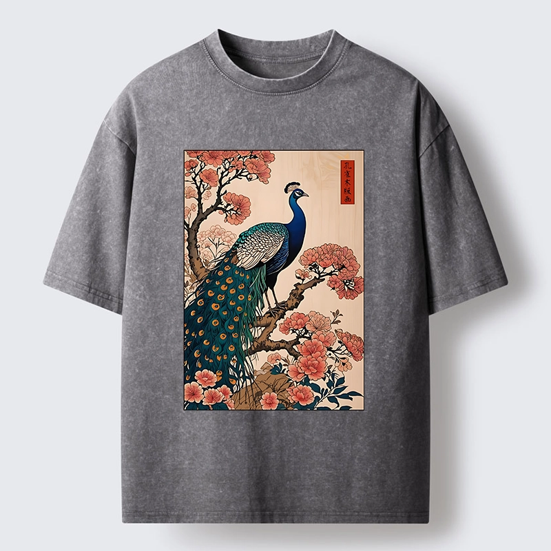 Tokyo-Tiger Vintage Peacock Woodblock Print Washed T-Shirt