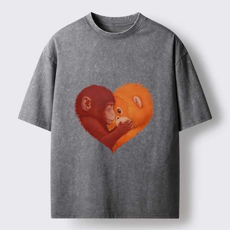 Tokyo-Tiger Monkey Love in a Heart Washed T-Shirt