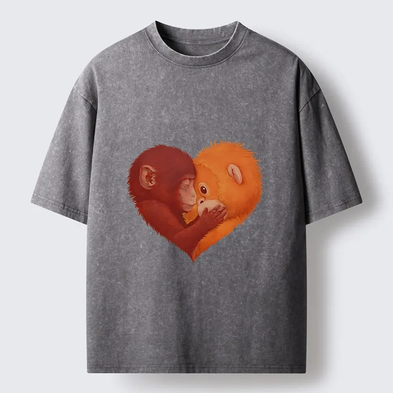 Tokyo-Tiger Monkey Love in a Heart Washed T-Shirt