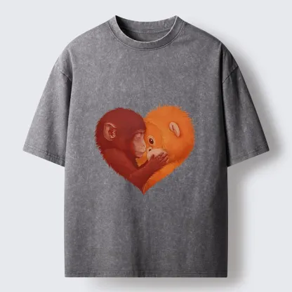 Tokyo-Tiger Monkey Love in a Heart Washed T-Shirt