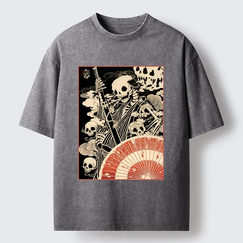 Tokyo-Tiger Dark Samurai Skeleton Art Washed T-Shirt
