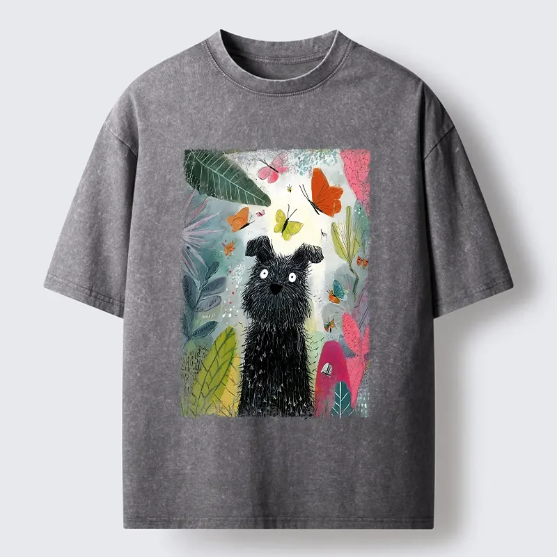 Tokyo-Tiger Black Dog Among Colorful Butterflies Washed T-Shirt