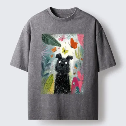 Tokyo-Tiger Black Dog Among Colorful Butterflies Washed T-Shirt
