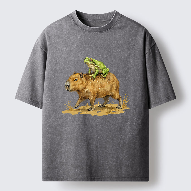 Tokyo-Tiger Frog Riding A Capybara Washed T-Shirt