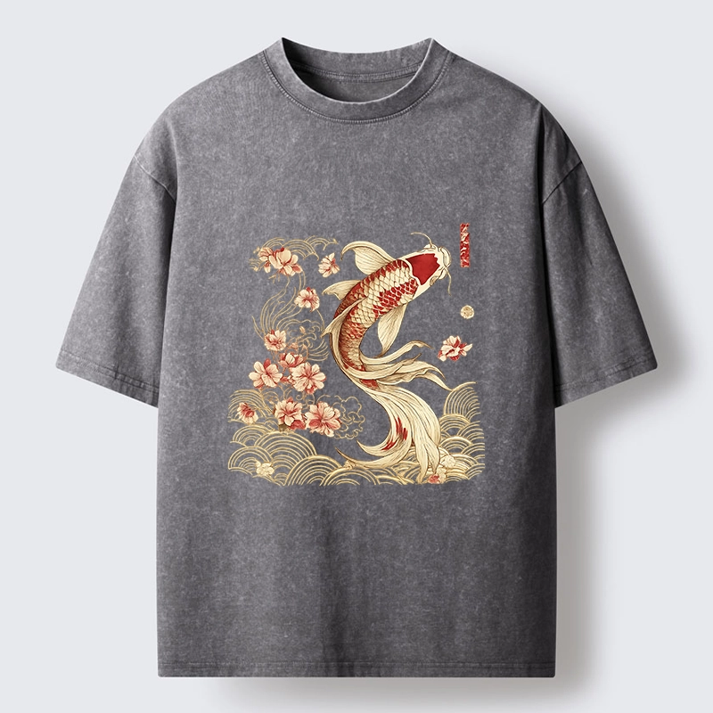 Tokyo-Tiger Golden Koi and Blossoms Washed T-Shirt