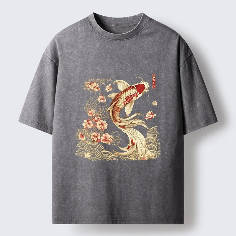 Tokyo-Tiger Golden Koi and Blossoms Washed T-Shirt