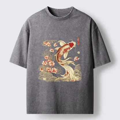 Tokyo-Tiger Golden Koi and Blossoms Washed T-Shirt