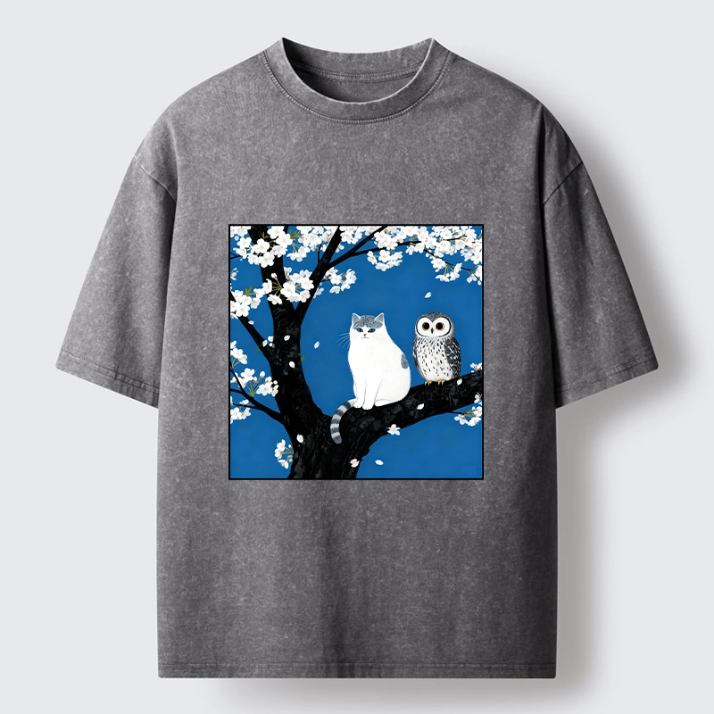 Tokyo-Tiger Cat and Owl Under Sakura Washed T-Shirt
