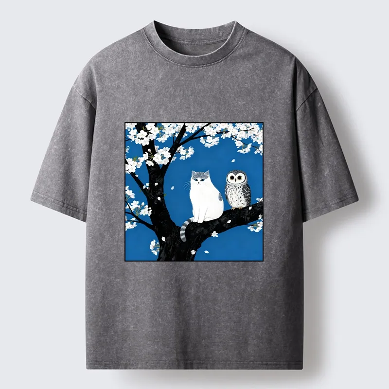Tokyo-Tiger Cat and Owl Under Sakura Washed T-Shirt