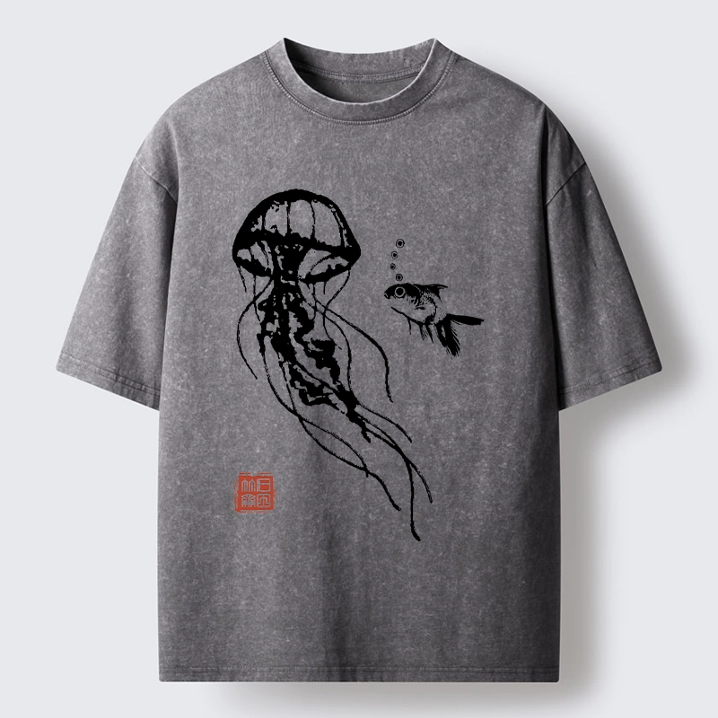 Tokyo-Tiger Ink Wash Jellyfish and Fish Washed T-Shirt