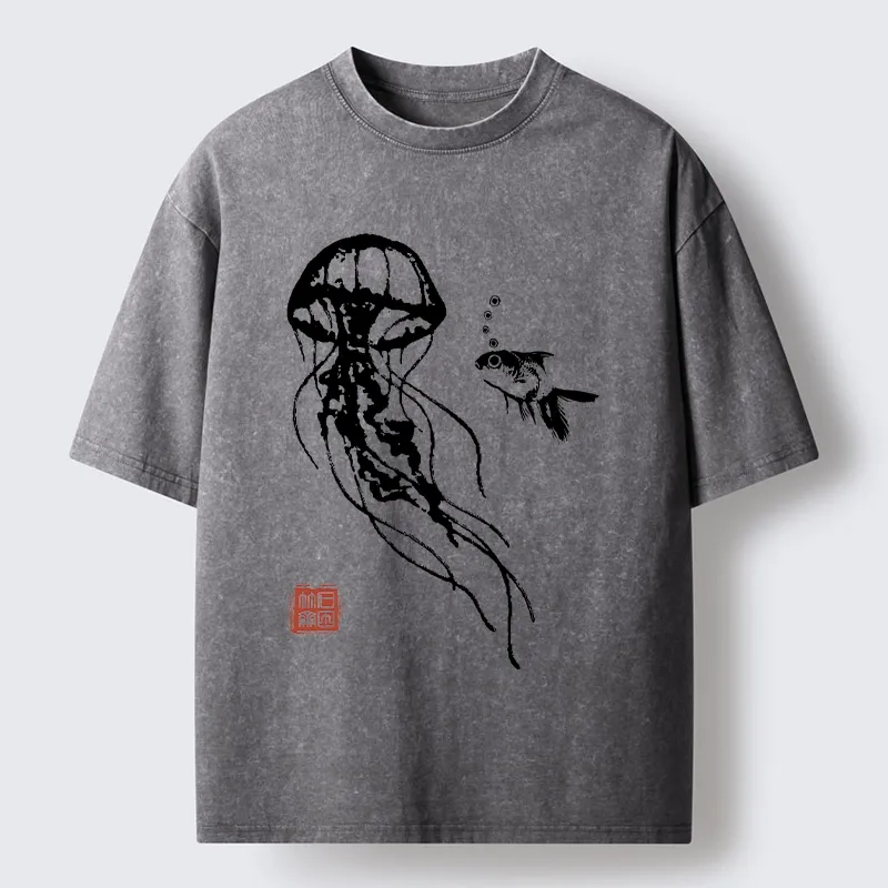 Tokyo-Tiger Ink Wash Jellyfish and Fish Washed T-Shirt