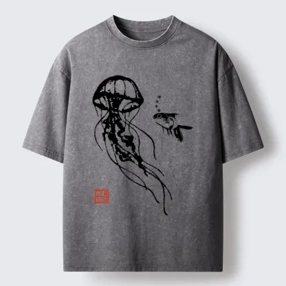 Tokyo-Tiger Ink Wash Jellyfish and Fish Washed T-Shirt