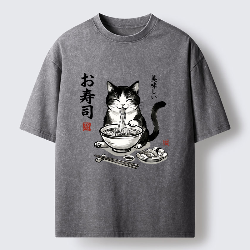 Tokyo-Tiger Cats Eat Japanese Food Washed T-Shirt