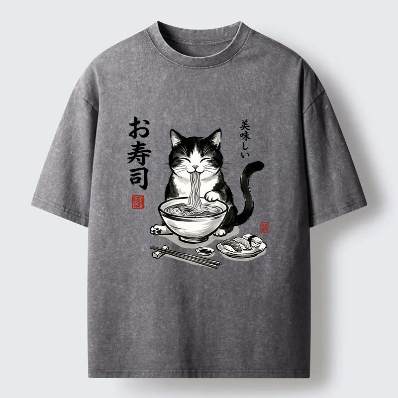 Tokyo-Tiger Cats Eat Japanese Food Washed T-Shirt