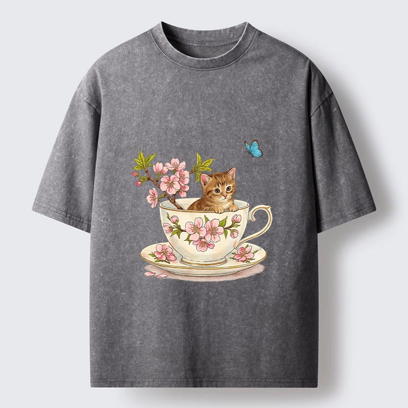 Tokyo-Tiger Cherry Blossom Teacup Kitten Washed T-Shirt
