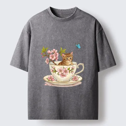 Tokyo-Tiger Cherry Blossom Teacup Kitten Washed T-Shirt