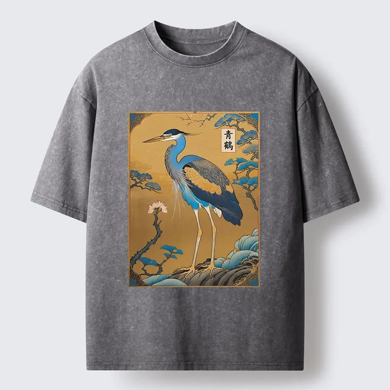 Tokyo-Tiger Golden Background Blue Heron Washed T-Shirt