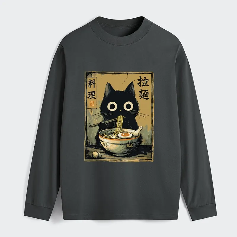 Tokyo-Tiger Cute Black Cat Eating Ramen Japan Classic Long Sleeve T-Shirt Sale