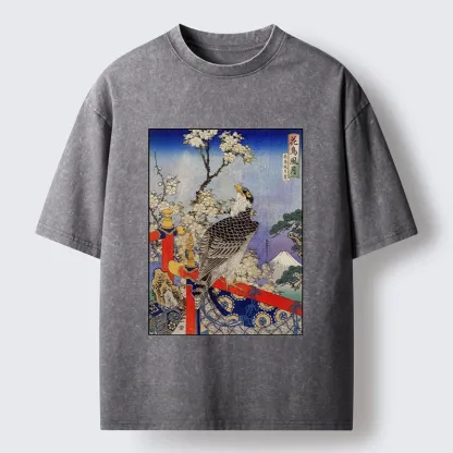 Tokyo-Tiger Sakura, Eagle And Mount Fuji In Ukiyo-E Washed T-Shirt